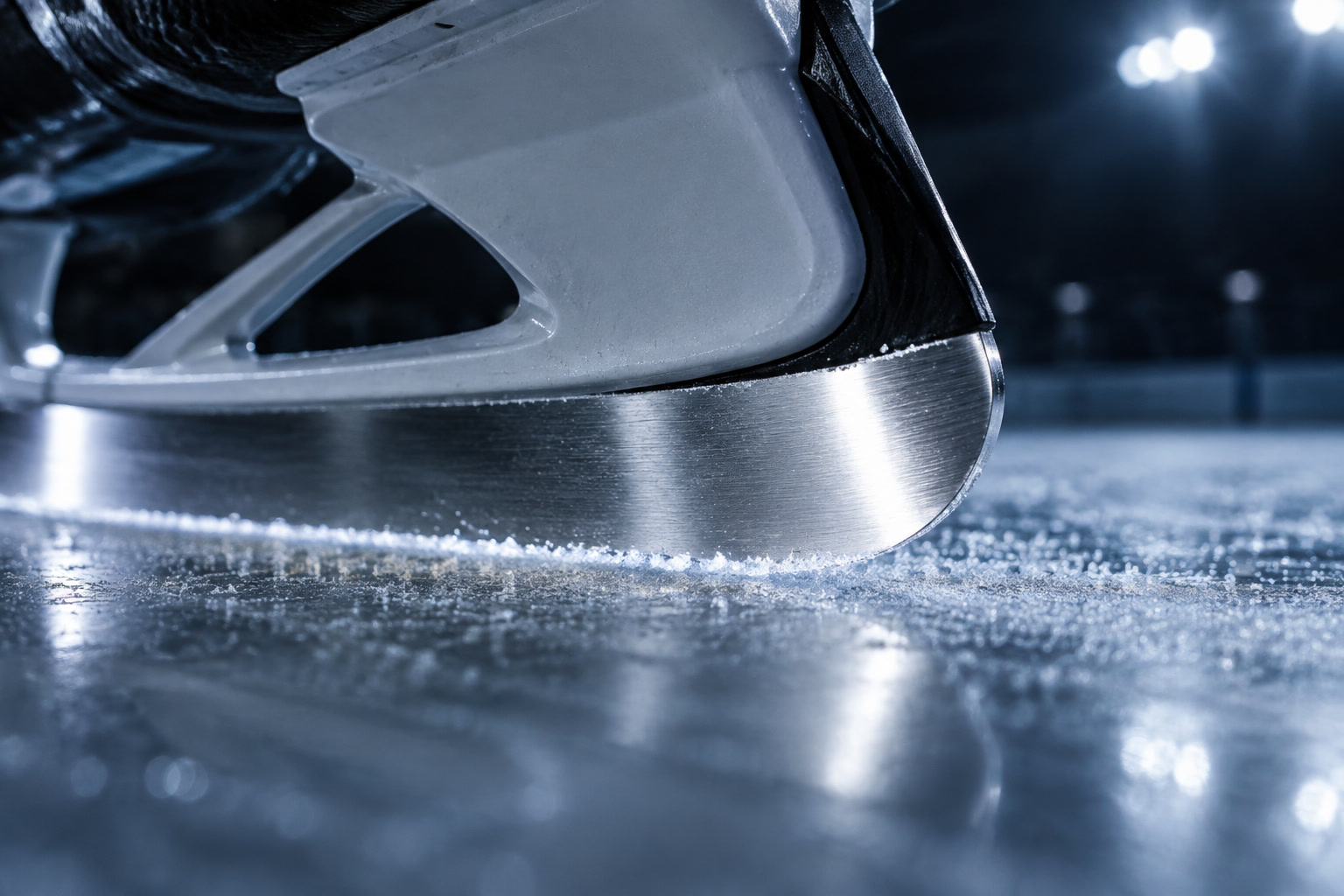 A hockey skate blade glowing on fresh ice
