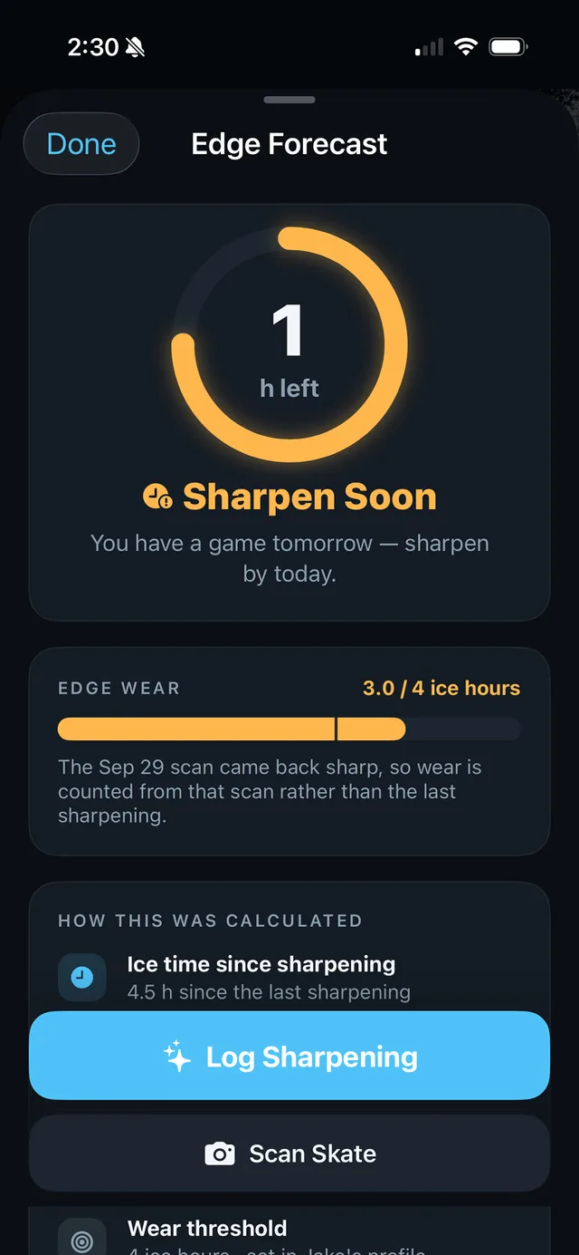 BladeBuddy Edge Forecast with a Sharpen Soon ring showing one ice hour left and an edge wear bar at 3 of 4 hours