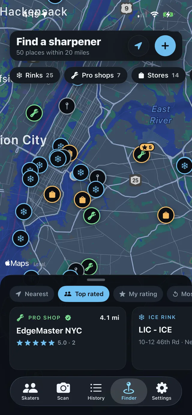 BladeBuddy Finder map of rinks, pro shops and stores around New York City