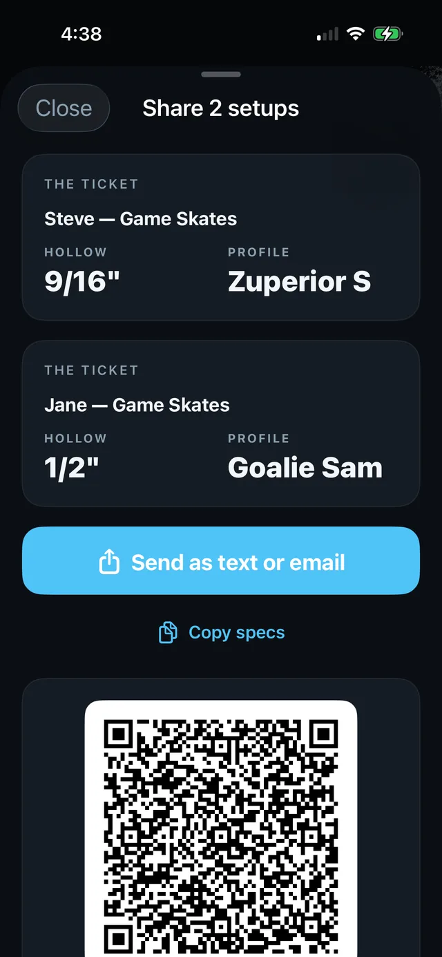 BladeBuddy Share setups sheet with tickets for two skaters showing hollow and profile, a send button and a QR code