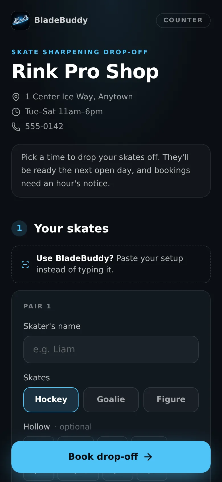 A shop's BladeBuddy booking page on a phone, with shop hours and the first step, Your skates