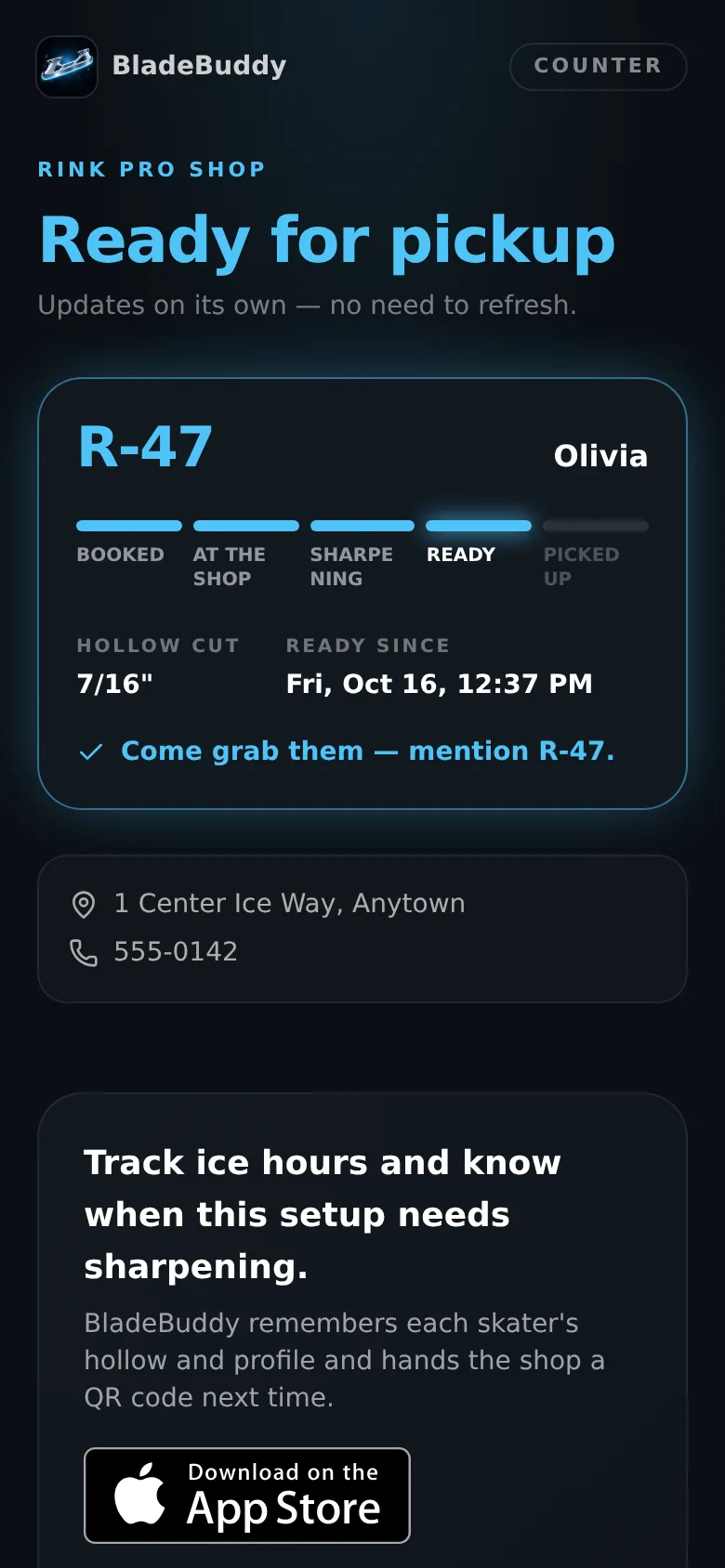 A parent's status link on a phone showing ticket R-47 Ready for pickup with the hollow cut